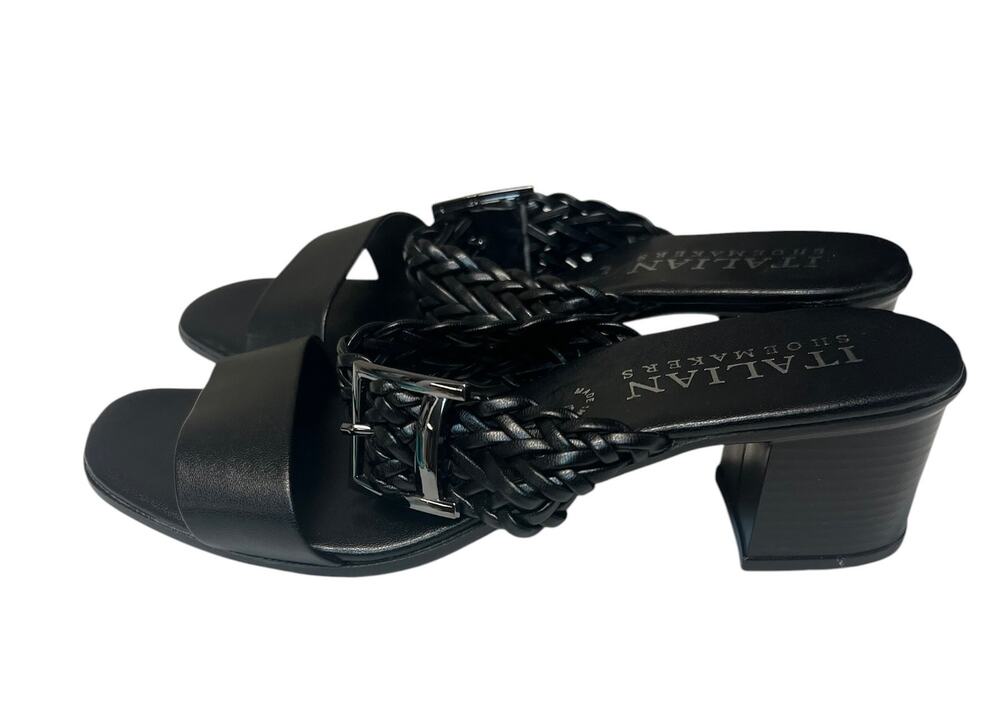 Italian Shoemakers Black Braided Block-Heel Sandals Buckle Size 7